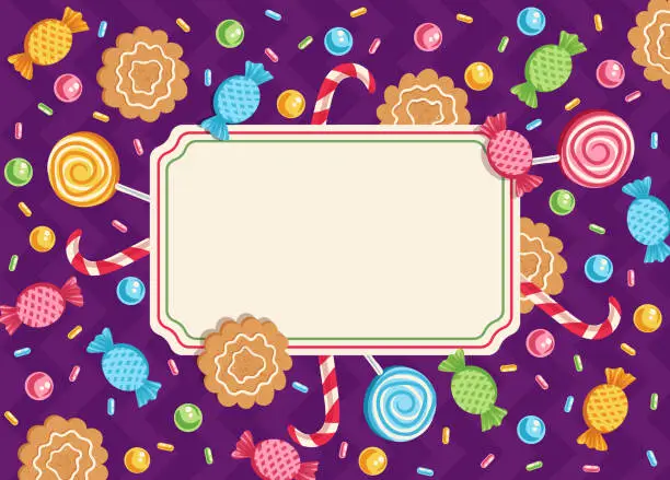 Vector illustration of Vintage vector card with candies for parties or holidays. Vector template card with candies for Christmas or New year