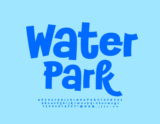 Vector playful banner Water Park. Creative Alphabet Letters, Numbers and Symbols set Funny Blue Font water sport illustrations stock illustrations