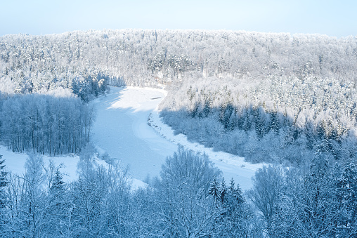 Landscape view of Gauja river valley from the hill in Sigulda, Latvia at winter