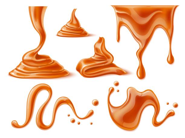 istock Realistic caramel melted. Liquid drips, drops and puddles, sugar syrup blots and smears, candy sweet mess, dessert topping, delicious confectionery dessert, toffee droplet, utter vector set 1450151536