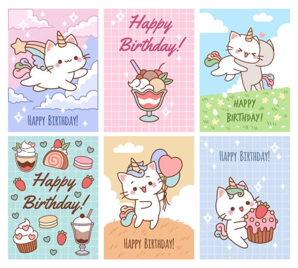 Birthday sweets cards. Kids party invitations, greeting banners, fairy little unicorns kittens with sweet desserts and gifts, kawaii pets design, tidy vector cartoon flat posters set Birthday sweets cards. Kids party invitations, greeting banners, fairy little unicorns kittens with sweet desserts and gifts, kawaii pets design, tidy vector cartoon flat style isolated posters set kawaii cat stock illustrations