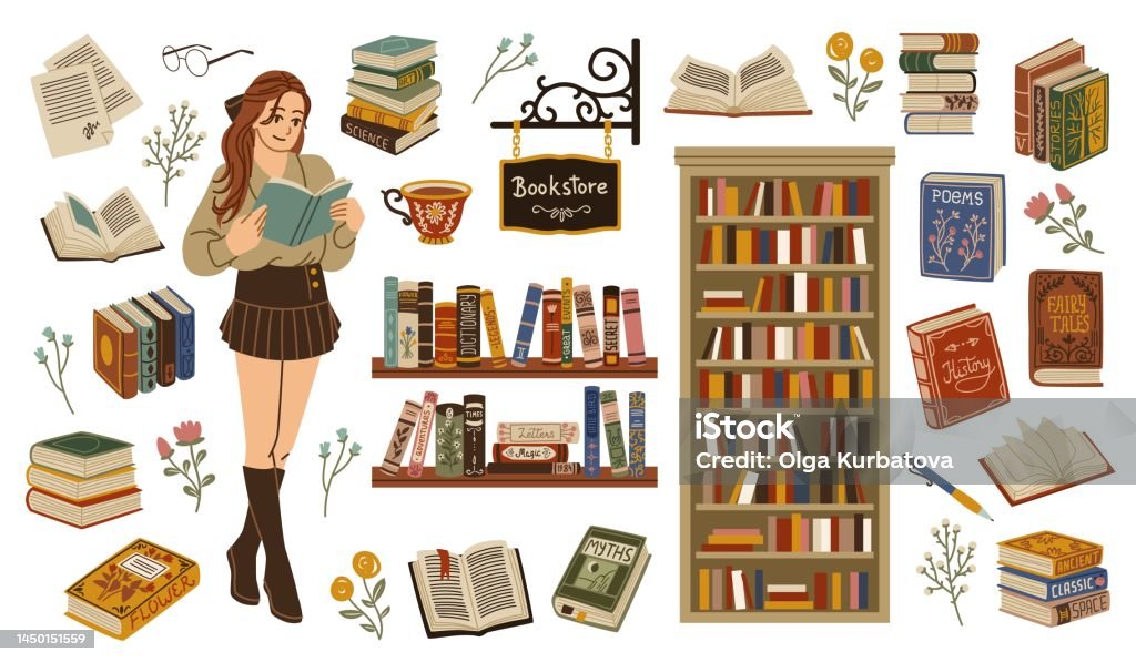 Ilustración de Elementos De La Librería Linda Chica Bibliófila Con Libro En Las Manos Lecturas De Estudiantes Entrenamiento Cerebral Obras Literarias Pila De Libros De Texto Antiguos Estantería Y Gabinete Conjunto De Ilustración de Elementos De La Librería Linda Chica Bibliófila Con Libro En Las Manos Lecturas De Estudiantes Entrenamiento Cerebral Obras Literarias Pila De Libros De Texto Antiguos Estantería Y Gabinete Conjunto De