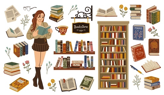 Book store elements. Cute bibliophile girl with book in hands, student reads, brain workout, literary works, stack of vintage textbook, bookshelf and cabinet, tidy vector cartoon flat isolated set