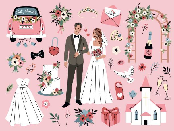 ilustrações de stock, clip art, desenhos animados e ícones de cartoon wedding elements. romantic party objects, bride and groom accessories, couple in love, married people, newlyweds, rings and dove, church and car, festive cake, tidy vector set - church wedding