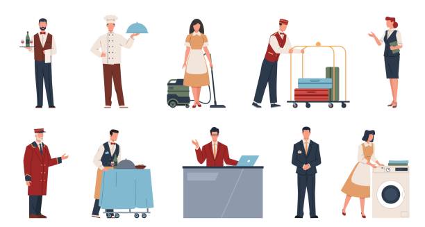 Hotel staff. Professionals in uniforms, hotel business employees, porter, receptionist, housemaid and waiter character, cook and manager, standing people nowaday vector cartoon flat set Hotel staff. Professionals in uniforms, hotel business employees, porter, receptionist, housemaid and waiter character, cook and manager, standing people nowaday vector cartoon flat style isolated set assistant icon stock illustrations