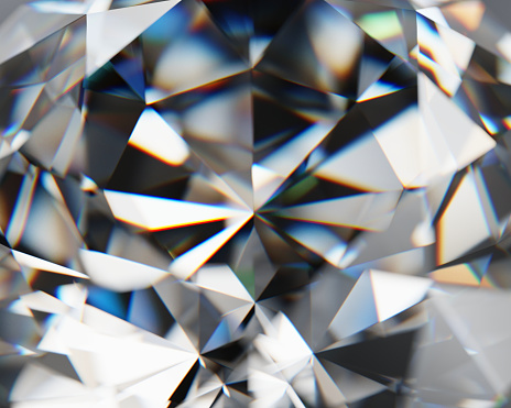 Realistic diamond crystal with caustic close up texture background 3D rendering