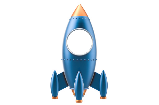 Retro toy spaceship rocket with empty porthole, 3D rendering isolated on white background
