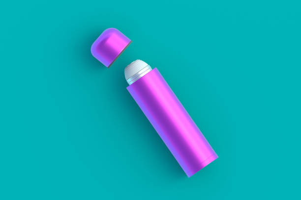 istock Thermos on green background. Metallic thermo flask. Top view. 3d rendering 1450161223
