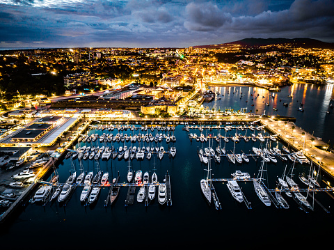 Drone view of marina of Cascais Portugal at night