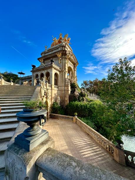 View of Parc de la Ciutadella Going up the stairs to see cascada monument parc de la ciutadella stock pictures, royalty-free photos & images