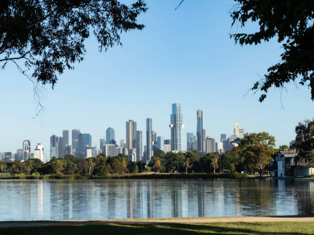 Urban skyline next to lake