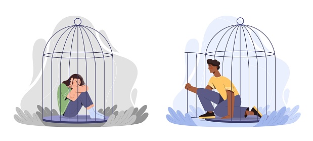 People leaving birdcage set. Collection of graphic elements for website. internal prisoner, mental health and psychology, depression. Cartoon flat vector illustrations isolated on white background