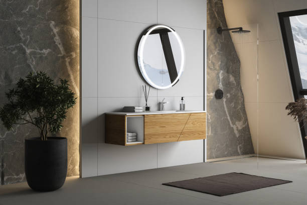istock Modern bathroom interior with concrete floor, white oval bathtub and white basin, shower, plant and snowy mountain view from windows. Minimalist bathroom with modern furniture. 3D rendering 1450183913