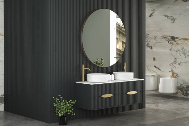 istock Modern minimalist bathroom interior, modern bathroom cabinet, double sink, interior plants, bathroom accessories, bathtub and toilet, black and marble walls. 3d rendering 1450184031