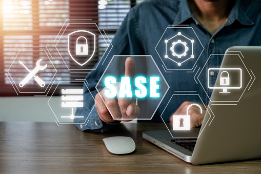 SASE, Secure Access Service Edge concept, Person hand touching Secure Access Service Edge icon on virtual screen background, password, network, framework and support.