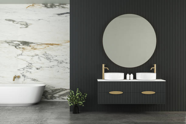 istock Modern minimalist bathroom interior, modern bathroom cabinet, double sink, interior plants, bathroom accessories, bathtub and toilet, black and marble walls. 3d rendering 1450184326