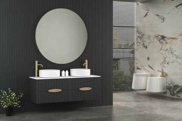 istock Modern minimalist bathroom interior, modern bathroom cabinet, double sink, interior plants, bathroom accessories, bathtub and toilet, black and marble walls. 3d rendering 1450184541