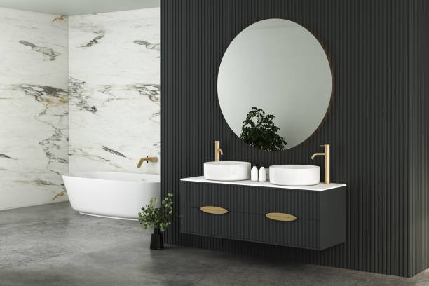 istock Modern minimalist bathroom interior, modern bathroom cabinet, double sink, interior plants, bathroom accessories, bathtub and toilet, black and marble walls. 3d rendering 1450184802