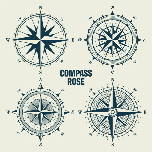 vintage meereswindrose, seekarte. monochromer navigationskompass mit himmelsrichtungen norden, osten, süden, westen. geographische lage, kartographie und navigation. vektorillustration. - compass compass rose north direction stock-grafiken, -clipart, -cartoons und -symbole