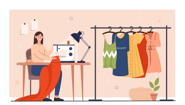 ilustrações de stock, clip art, desenhos animados e ícones de woman sews concept - sewing dressmakers model tape measure mannequin