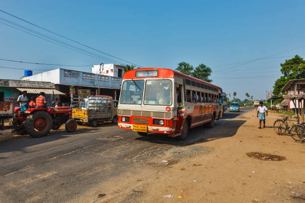 Kanchipuram, India - September 12, 2009: Public bus in rural street. Buses take up over 90% of public transport in Indian cities and serve as a cheap and convenient mode of transport for all classes of society