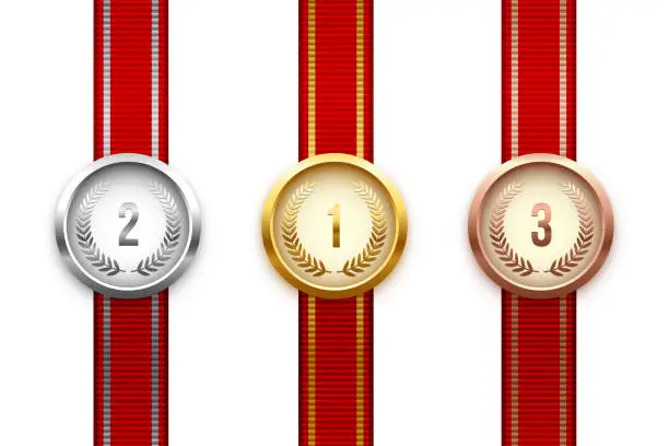 Vector illustration of Red ribbon set with grosgrain texture and gold, silver and bronze 3d medals for champion
