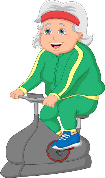 エアロバイクに乗る幸せな祖母 - cycling senior adult sports helmet men点のイラスト素材／クリップアート素材／マンガ素材／アイコン素材