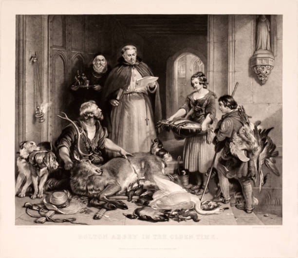 ジョージ・ゾベルによるオルデン・タイムの彫刻におけるボルトン修道院 - 18th century style 写真 ストックフォトと画像