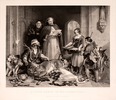 Scene in the olden time at Bolton Abbey engraved George Zobel after painting by Edwin Henry Landseer. Published in London on May 16, 1865 by William Tegg, Pancras Lane.