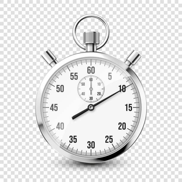 realistic classic stopwatch icon. shiny metal chronometer, time counter with dial. countdown timer showing minutes and seconds. time measurement for sport, start and finish. vector illustration - 秒錶 幅插畫檔、美工圖案、卡通及圖標