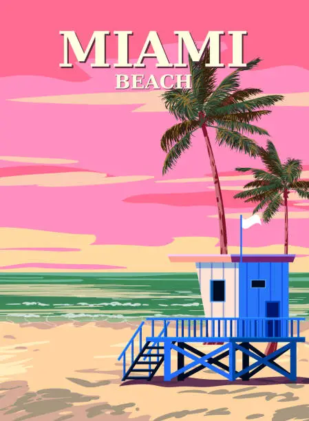 Vector illustration of Miami Beach Retro Poster . Lifeguard house on the beach, palm, coast, surf, ocean. Vector illustration vintage