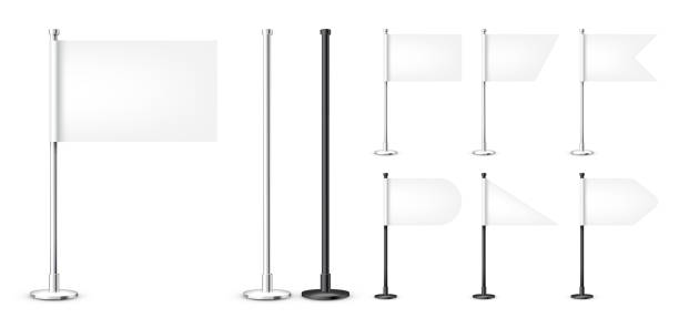 istock Realistic various table flags on a steel pole. Blank white desk flag made of paper or fabric. Black metal stand. Mockup for promotion and advertising. Vector illustration 1450206185