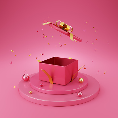 Open pink gift box and Christmas ball baubles on the stage podium with falling golden confetti on a pink background. Xmas and Happy New Year, Birthday,  Valentine's Day,  Wedding. 3D rendering.