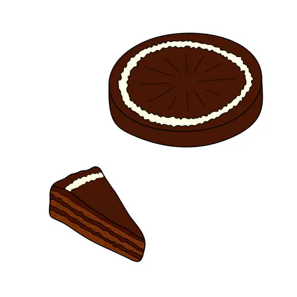 Vector illustration of Torta Garash (Garash cake) is a type of chocolate cake. Bulgarian traditional food. Vector hand-drawn illustration. Design element for menu cafe, bistro, restaurant.