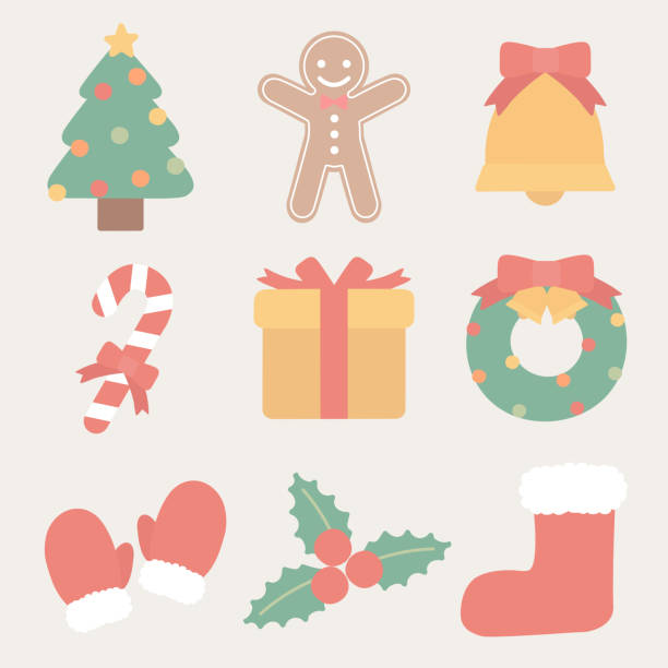 illustrations, cliparts, dessins animés et icônes de jeu d’illustration d’icônes de symboles de noël - cookie christmas gingerbread man candy cane