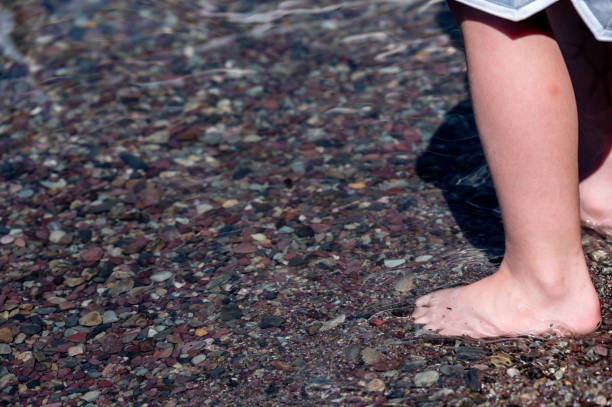 pieds nus dans des rochers multicolores arc-en-ciel dans le ruisseau avalanche menant vers le lac mcdonald au parc national des glaciers, montana, états-unis - us glacier national park mcdonald lake mcdonald creek montana photos et images de collection