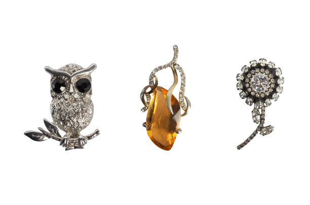 Jewelry set of 3 vintage brooches - owl, drop and flower shape brooches, fashion accessories, isolated photo.