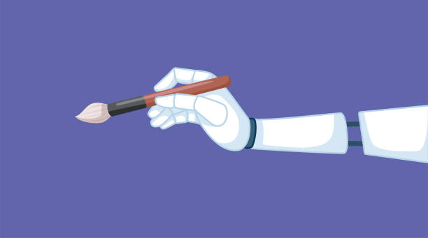 Robot Hand Holding a Painting Brush in Ai Art Concept Illustration Automation of the creative field of painting and drawing art idea generator stock illustrations