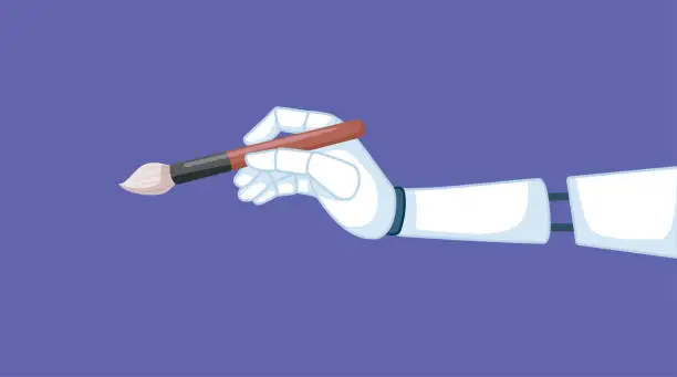 Vector illustration of Robot Hand Holding a Painting Brush in Ai Art Concept Illustration