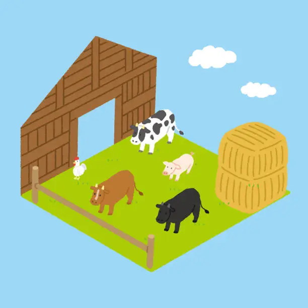 Vector illustration of farmed cows, pigs and chickens