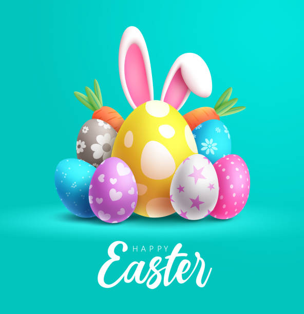 happy easter day vector design. holiday easter with pattern colorful eggs and bunny ears elements for greeting. - easter egg 幅插畫檔、美工圖案、卡通及圖標