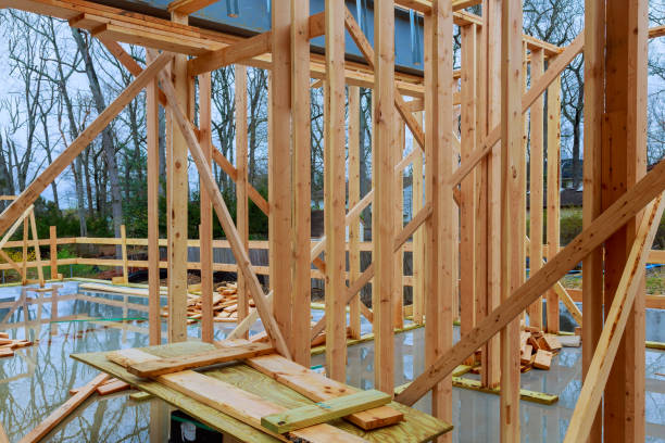 istock Panorama top view of stick built home under construction with timber frame wooden truss, post 1450230451