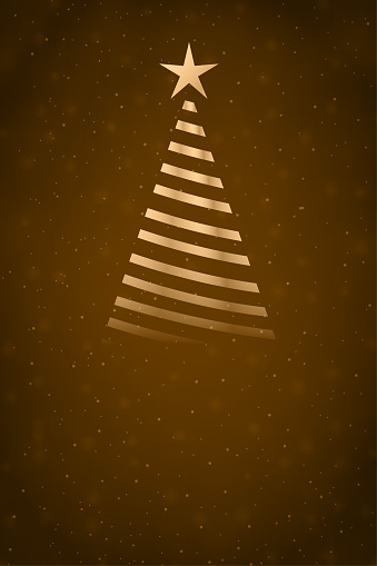 Creative glittery metallic golden bronze and brown coloured vertical festive Xmas vector backgrounds with an abstract design of shining metallic striped ornate brown christmas tree with one twinkling star at its top and magical effect copy space