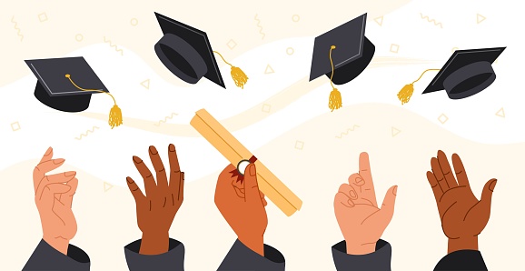 People tossing graduation caps. Happy students celebrating successful defense of diploma, graduation, training, education and learning. Poster or banner for website. Cartoon flat vector illustration