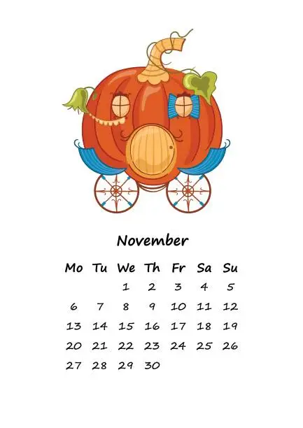 Vector illustration of 2023 vertical calendar for the month of November with pumpkin carriage