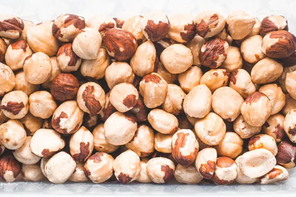 Hazelnuts close-up in storage tanks with good lighting on the entire screen.