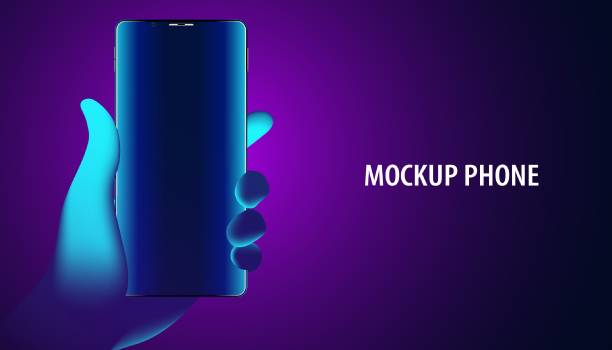 istock Abstract hand holding a phone Mockup phone concept For inputting information on the purple and blue background, high-tech background. 1450235636