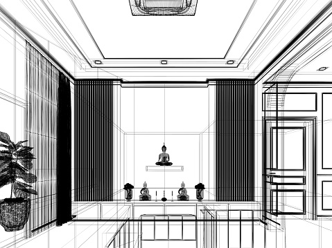 sketch design of interior buddha room, 3d rendering