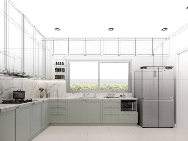 istock abstract sketch design of kitchen room, 3d rendering 1450236451