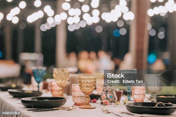 Outdoor Fine Dining Table Setting Stock Photo - Download Image Now - Restaurant, Place Setting, Dining Table